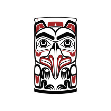 Native American totem pole vector illustration in traditional black, red, and white art style