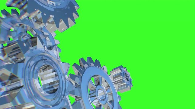 Blue Glass Gears Mechanism 3D Render on Glowing green loop Background &mdash; Business Technology Concept