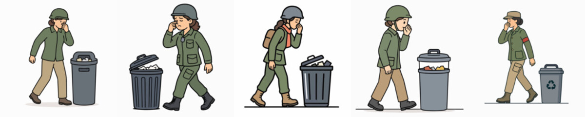 Obraz premium Set of vector illustrations of a female soldier covering her nose due to the smell of trash.