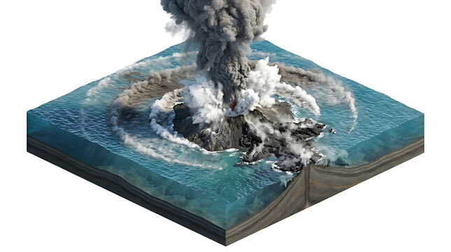 Isometric 3D illustration of an underwater volcanic eruption isolated