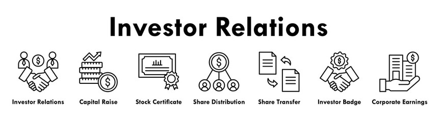 Fototapeta premium Investor Relations banner web icon illustration concept with icon of investor relations, capital raise, stock certificate, share distribution, share transfer, investor badge, and corporate earnings