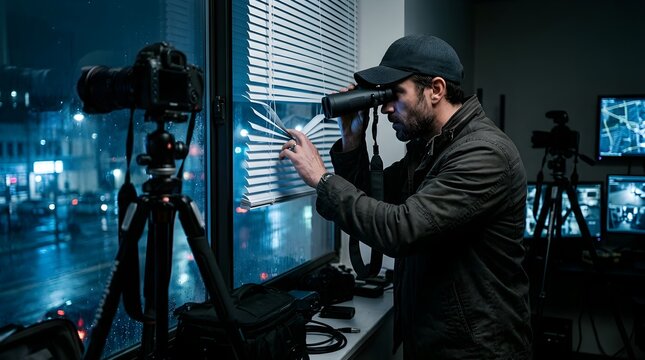 Private Detective in Dark Office Using Binoculars to Spy Through Window Blinds at Night City View