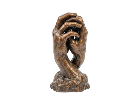 Bronze sculpture of two intertwined hands on a textured base with sculpture intertwined connection artistic