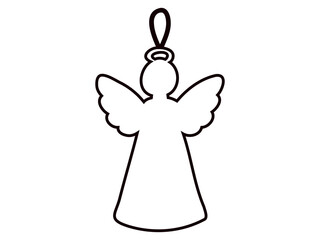 Fototapeta premium Christmas angel ornament vector illustration. Simple black outline of celestial figure with halo and wing for winter holiday home decor. Minimalist festive design on white background
