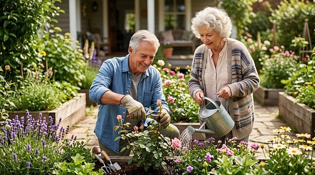 Happy senior couple gardening together in a lush backyard garden