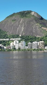 Lagoa Rodrigo de Freitas, Rio de Janeiro in sunrise, Brazil. Aerial view, establishing shot.