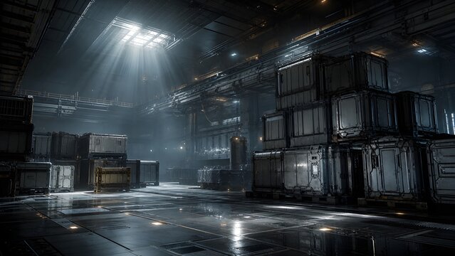 Futuristic Cargo Bay Film Set with Generic Containers Haze and Powerful Overhead Light Beams Photography