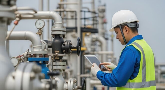Engineer Using Digital Tablet to Monitor Industrial Plant Operations and Equipment