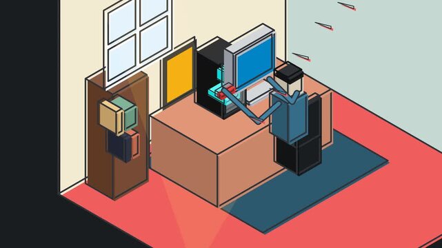 Isometric 2D animation of a gamer sitting at a desk in a room and playing an intense video game on a computer setup