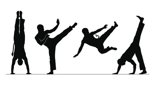Detailed black silhouettes of four capoeira fighters performing dynamic athletic movements against a white background