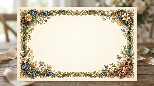 Elegant vintage floral frame with gold filigree and colorful birds