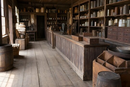 Rustic Frontier General Store Interior With Vintage Containers Wooden Shelves And Authentic Period Counters Photography