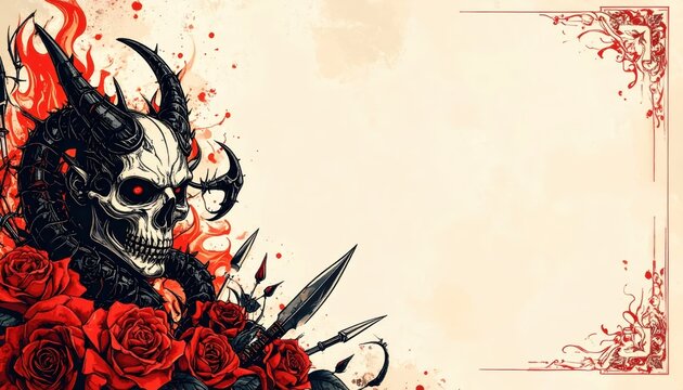 Gothic Demon Skull with Large Horns Surrounded by Red Roses and Daggers on Vintage Parchment Background with Empty Copy Space