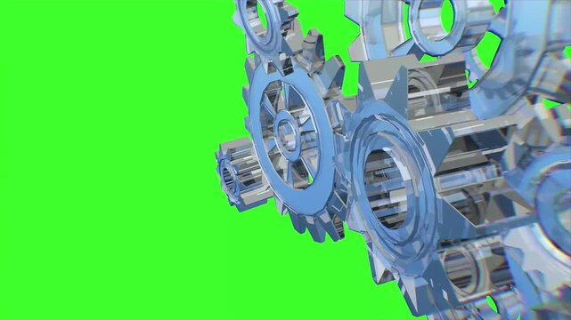 Blue Glass Gears Mechanism 3D Render on Glowing green loop Background &mdash; Business Technology Concept
