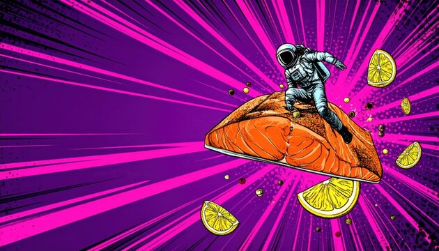 Surreal Comic Pop Art Illustration of an Astronaut Surfing on a Large Salmon Fillet with Lemon Slices and Copy Space on a Vibrant Purple Background