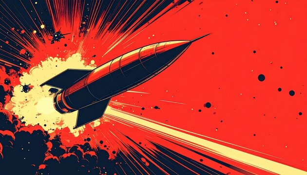 Retro Comic Book Style Illustration of a Rocket Flying Through an Explosion with Vibrant Red Background and Copy Space