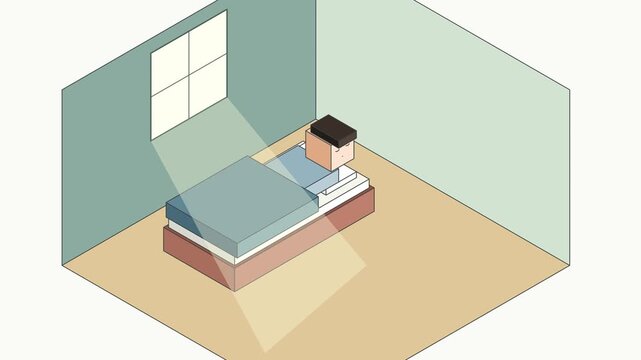 Flat vector isometric animation of a blocky character sleeping and waking up in a cozy minimalist bedroom in retro UPA style