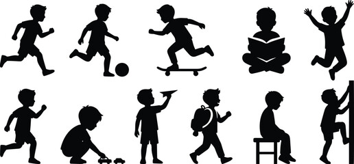Kids playing silhouette set boy running soccer skateboarding reading jumping plane toy walking climbing vector illustration collection.