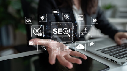 Fototapeta premium SEO concept for improving SEO visibility, with SEO related digital tools and SEO performance icons shown in an focused layout for strategic marketing. Spline