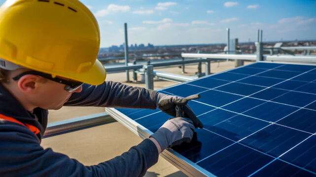 Professional Technician Installing Solar Panels on Rooftop for Sustainable Renewable Energy Generation