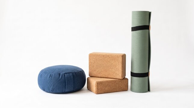 Yoga mat, zafu cushion, and cork yoga blocks arranged for a peaceful practice. A calming and inviting setup for mindfulness and meditation
