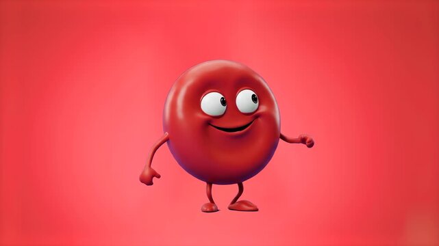 A friendly 3D cartoon red blood cell erythrocyte character with a cheerful smile standing isolated on a solid red studio backdrop. Ideal for medical animations, blood donation promos, anatomy educatio