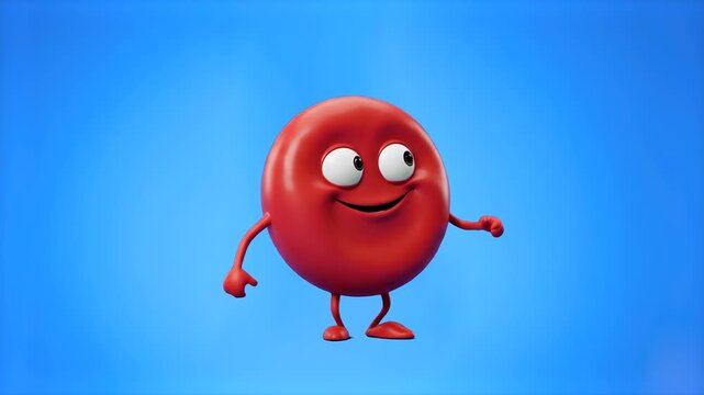 A happy 3D cartoon red blood cell mascot character standing cheerfully on a solid light blue studio backdrop. Perfect for blood donation awareness campaigns, medical explanation videos, biology promos