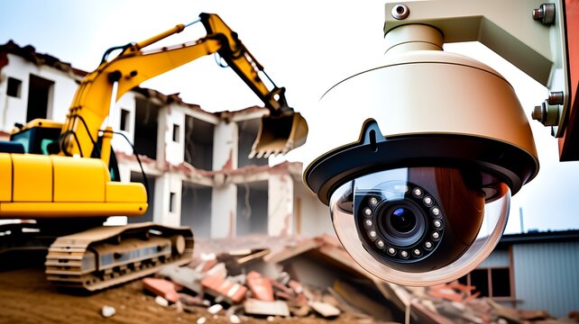 Security Surveillance Camera Monitoring Construction Site Demolition with Excavator