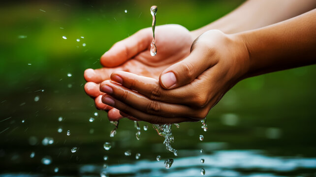Close up of cupped hands holding fresh clear water with splashing droplets in nature