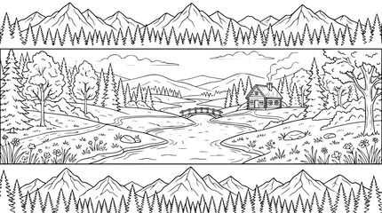 Fototapeta premium Mountain landscape coloring page with river and log cabin
