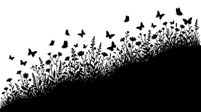 Silhouette of a flower meadow with butterflies fluttering in the air
