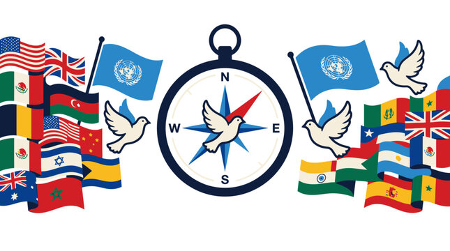 Global Peace Compass with United Nations Flags and Doves