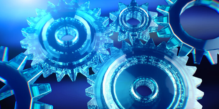 Blue Glass Gears Mechanism 3D Render on Glowing Blue Background &mdash; Business Technology Concept