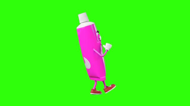 A cheerful 3D cartoon pink toothpaste tube mascot character dancing dynamically isolated on a solid green chroma key background. Perfect for oral care commercials, dental hygiene ads, toothpaste brand