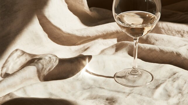 Stemmed wine glass with pale liquid on crumpled beige linen fabric with warm soft shadows