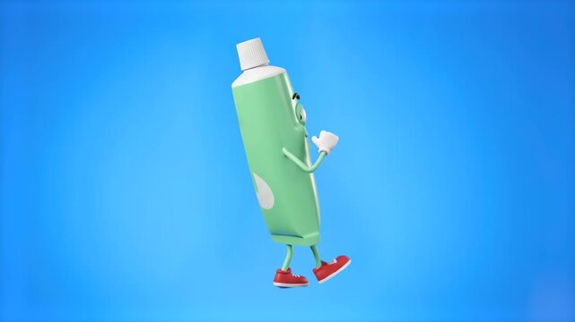A happy 3D cartoon green toothpaste tube character with white gloves walking briskly, isolated on a solid light blue studio backdrop. Great for dental hygiene commercials, pediatric dentistry marketin