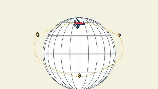 Animation of a cargo airplane flying around a wireframe globe on a dotted route representing global supply chain and international logistics