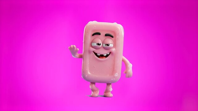 A friendly 3D cartoon pink bar of soap character with facial features dancing playfully on a bright magenta purple studio background. Great for soap commercials, skincare advertisements, bathroom hygi