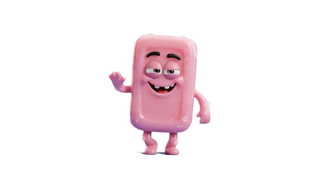 A cheerful 3D animated pink soap bar mascot dancing happily against a clean white background. Perfect for cosmetics branding, bathroom product commercials, hygienic health marketing, and social media 