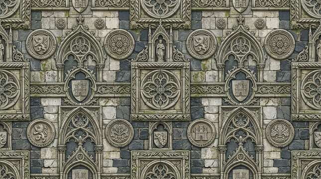 Elaborate stone wall pattern featuring gothic medallions and heraldic symbols.