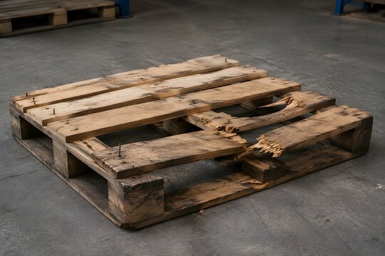 Damaged Wooden Pallet with Broken Boards Exposed Nails and Rugged Warehouse Floor Industrial Scene Photography