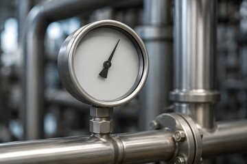 Fototapeta premium Pressure Gauge Mounted on Stainless Pipeline with Needle Centered Safely in a Clean Industrial Setting