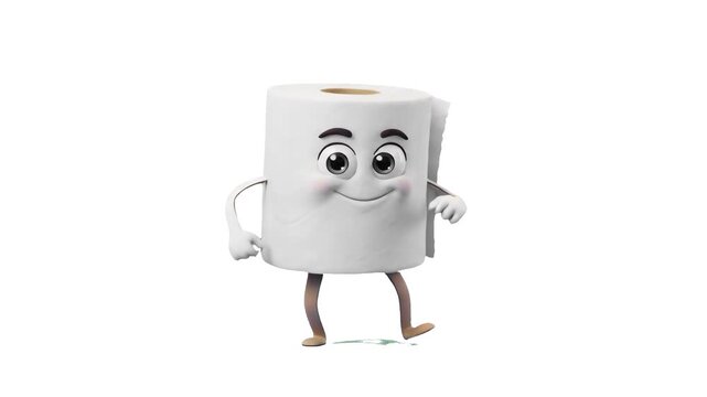 A cheerful 3D cartoon toilet paper roll character with a smiling face dancing isolated on a clean white backdrop. Perfect for bathroom product promos, sanitary brand advertising, household cleaning vi