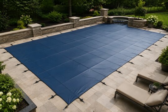Secure Protective Cover Stretched Across Private Swimming Pool For Clean Elegant Backyard Safety Design Photography