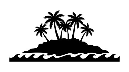 Obraz premium Tropical Island Silhouette with Palm Trees and Ocean Waves Vector