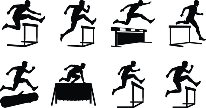 Black silhouette icons set of athletes jumping hurdles, running tracks, and obstacle course training on white background