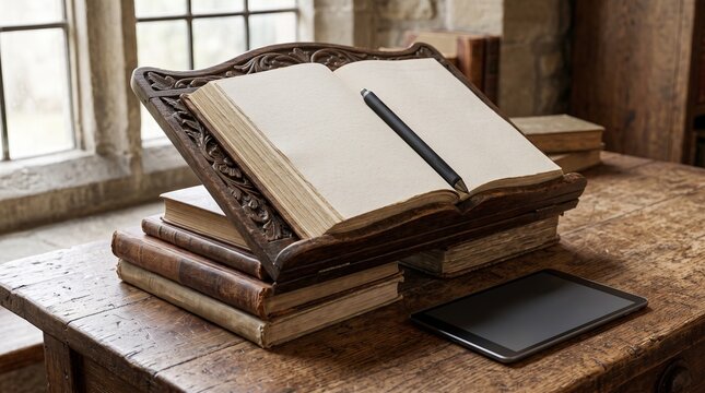 Vintage wooden book stand with open blank notebook, antique library desk with old books and modern tablet, classic study room interior