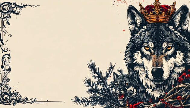 Regal Wolf King with Golden Crown and Wolf Pup Illustration on Vintage Background with Ornate Border and Large Copy Space for Text