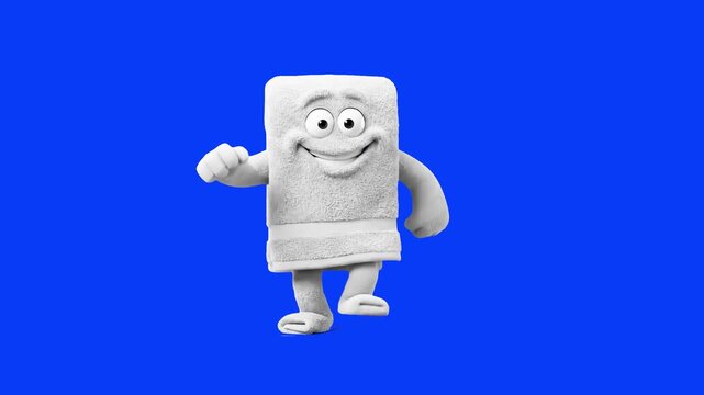 A friendly white folded towel character with a cheerful smile dancing isolated on a solid blue screen background. Ideal for bath promos, hotel marketing, bathroom cleaning ads, and hygiene product vid