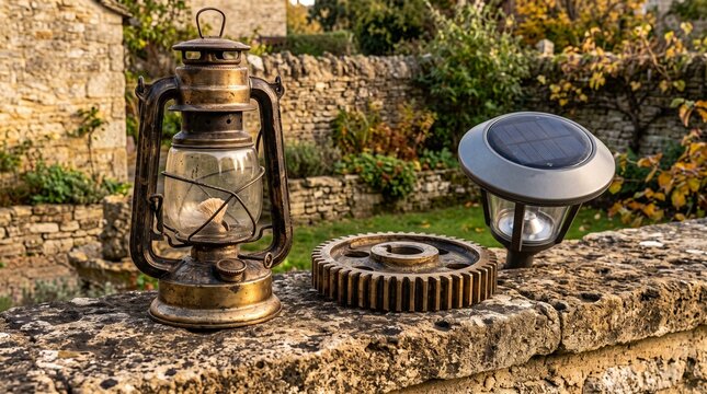 Vintage brass oil lantern and modern solar garden light on stone wall, evolution of lighting technology, rustic outdoor decor with industrial gear